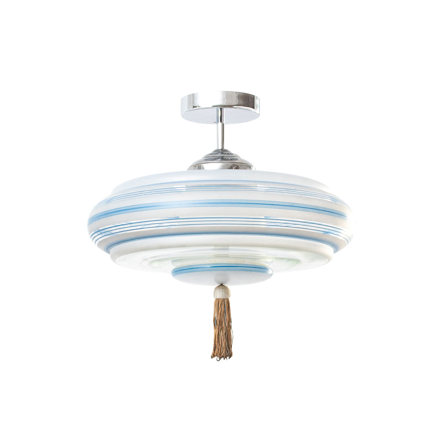 Vintage Art Déco Deckenleuchte Glas mit Quaste – Blau Gestreift ø 40 cm