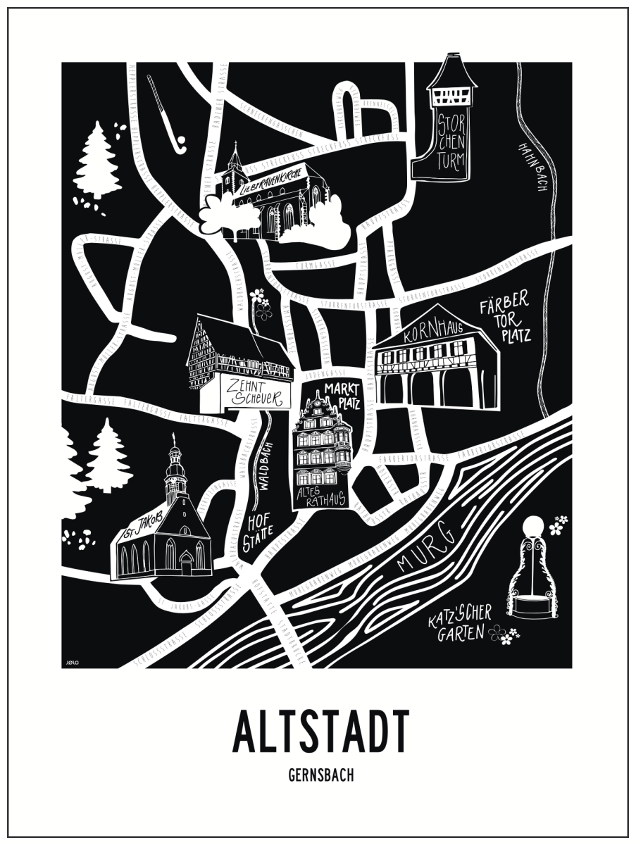 Altstadt Gernsbach Map | Art Print 30 x 40 cm | auf Wunsch mit Rahmen | Poster