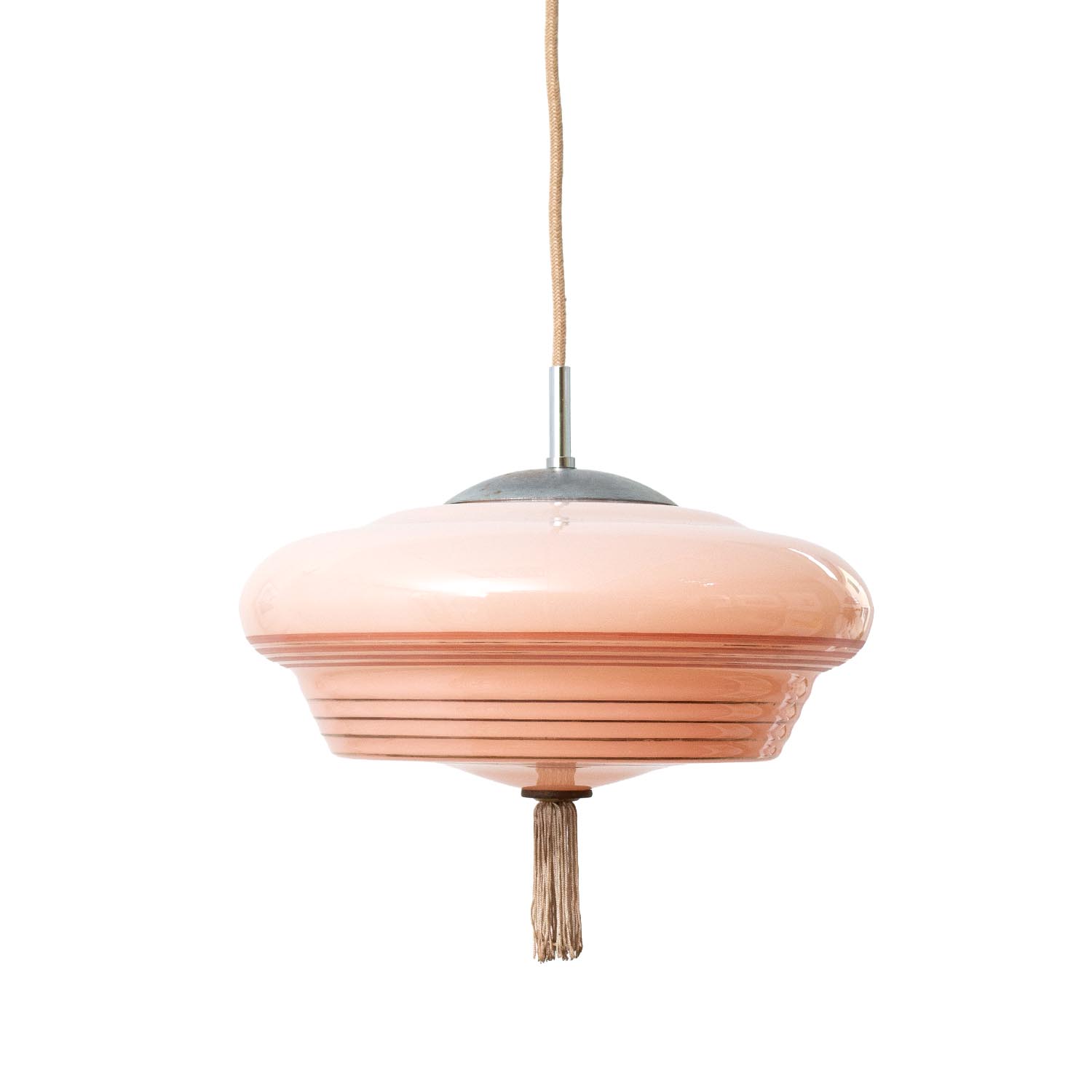 Vintage Art-Déco Glas Hängelampe "Zarte Linien" Rosa mit Quaste Ø 36 cm