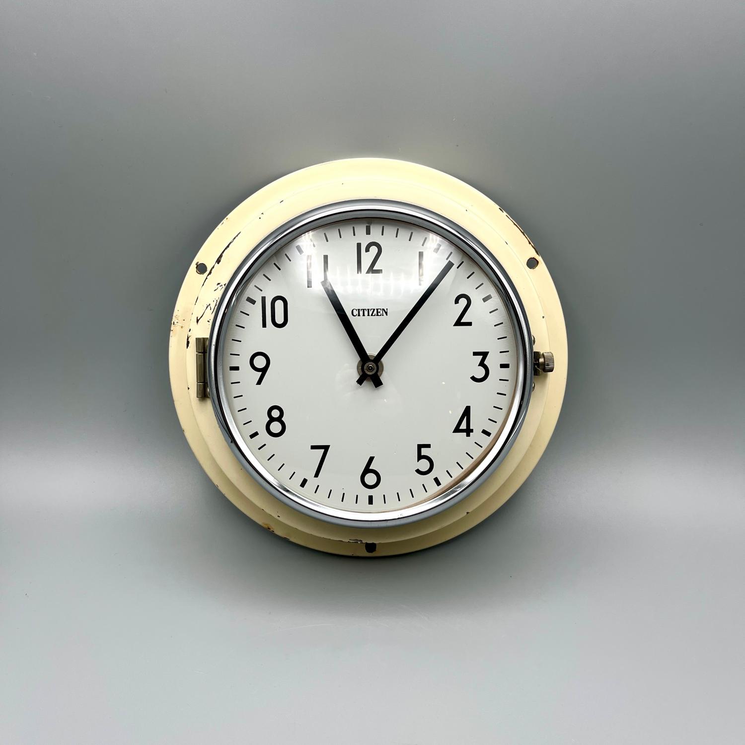Vintage Wanduhr "Citizen" Creme Ø 22 cm Schiffsuhr mit Chromring