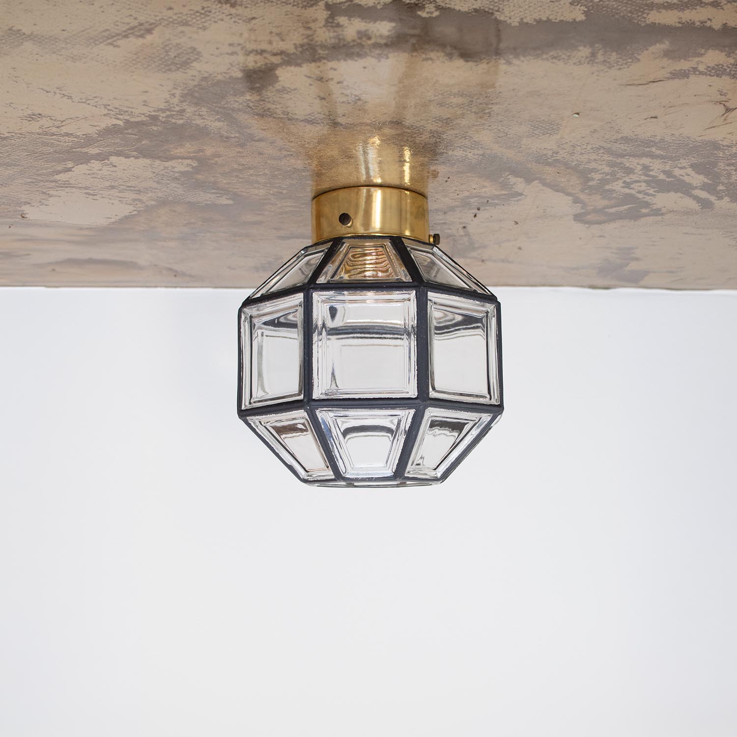 Vintage Glashütte Limburg Deckenleuchte A381 Messing Achteck Ø 20 cm