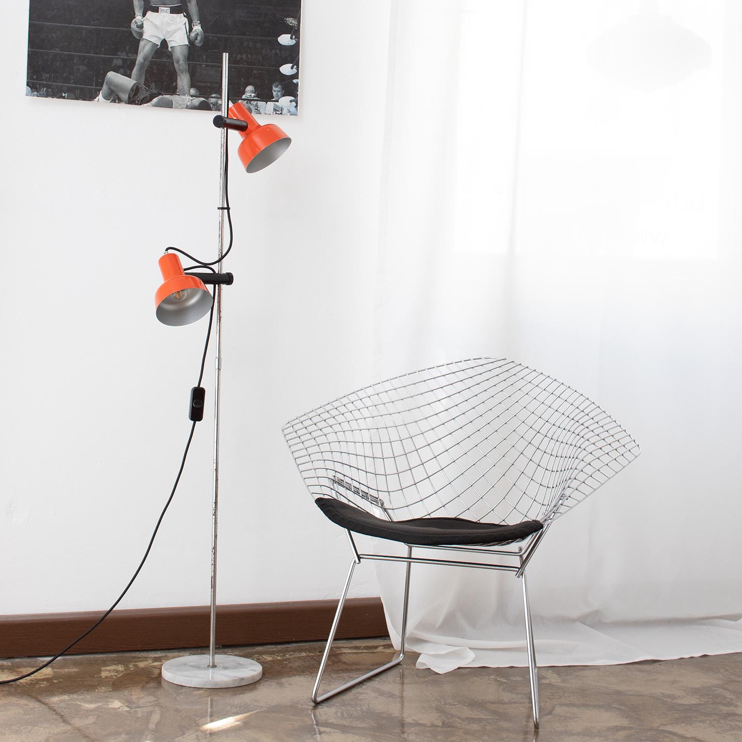 Vintage Stehlampe Orange mit 2 Spots 1970er mit Marmorsockel