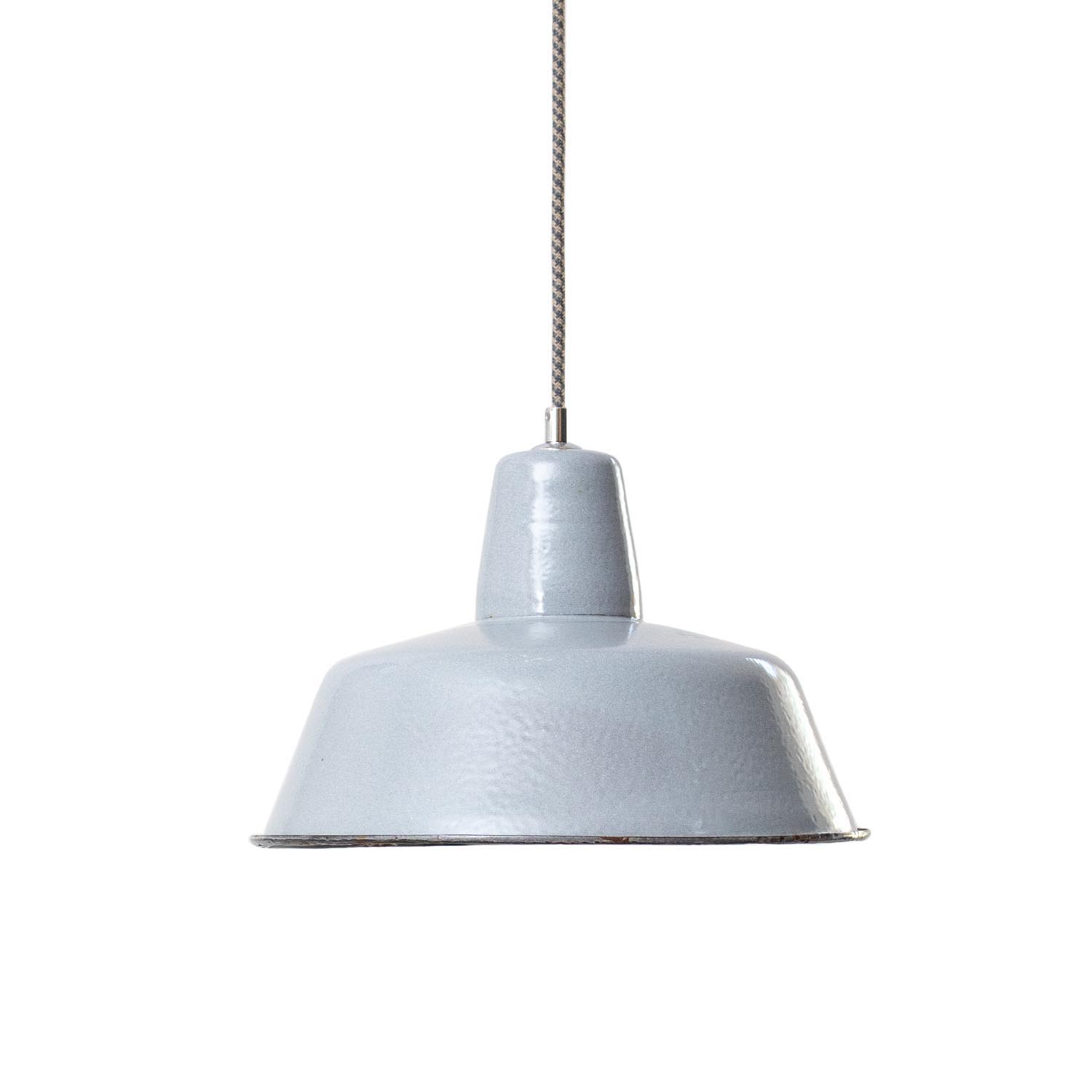 Vintage eisgraue emaillierte Industrielampe Ø 32 cm mit Aufdruck