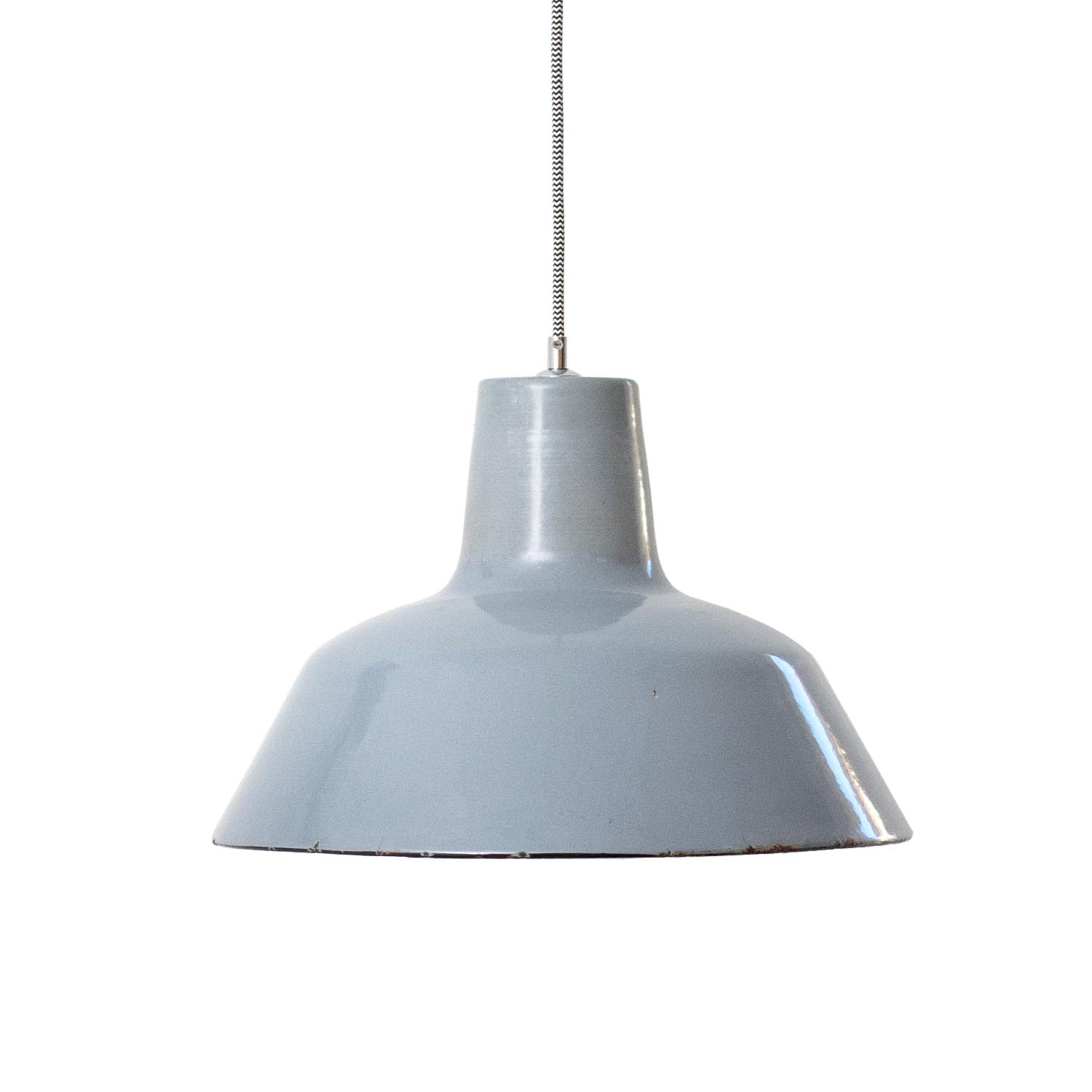 Alte satt graue emaillierte Bauhaus Fabriklampe Ø 39 cm