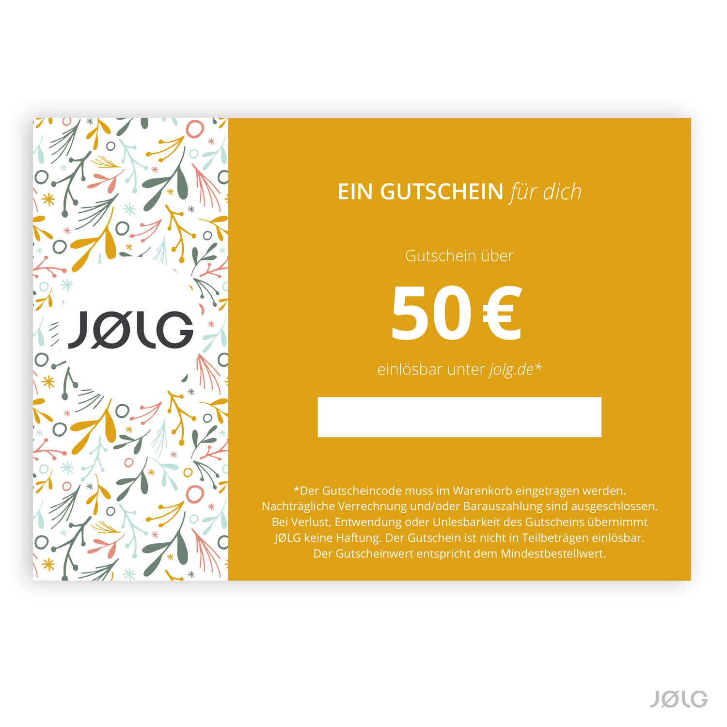 JØLG Geschenkgutschein im Wert von 50 Euro