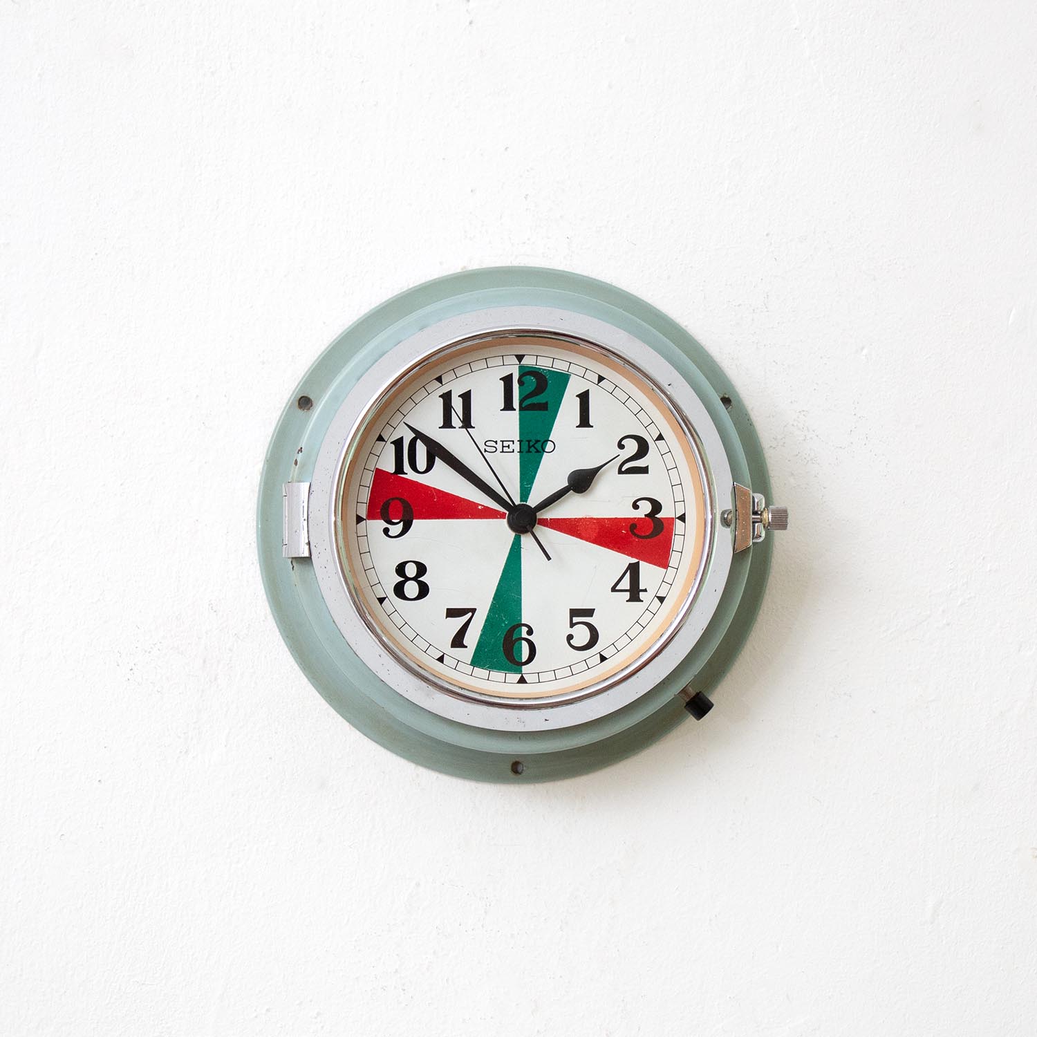Alte SEIKO Funksektoren-Schiffsuhr Ø 22 cm Hellblau Uhr Küchenuhr mit Chromring