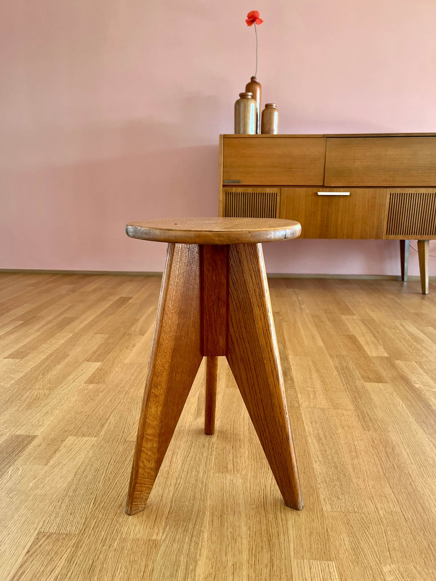 Vintage Holz Hocker aus Frankreich - im Stil Jean Prouvé 45 cm