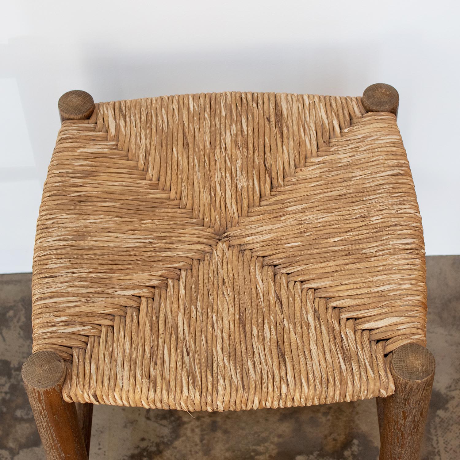 Vintage Holz Hocker Geflecht Bast - im Stil Charlotte Perriand 45 cm
