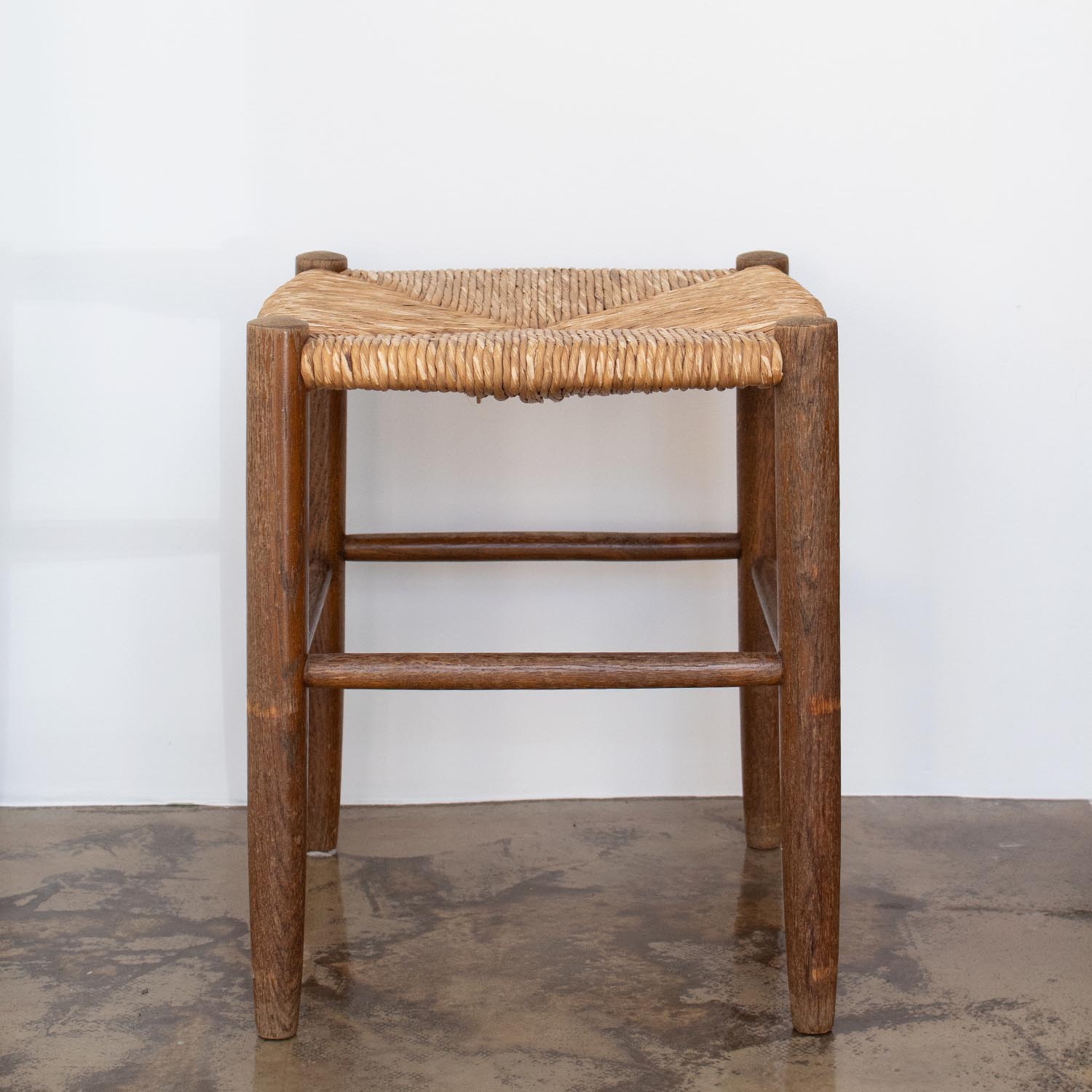 Vintage Holz Hocker Geflecht Bast - im Stil Charlotte Perriand 45 cm